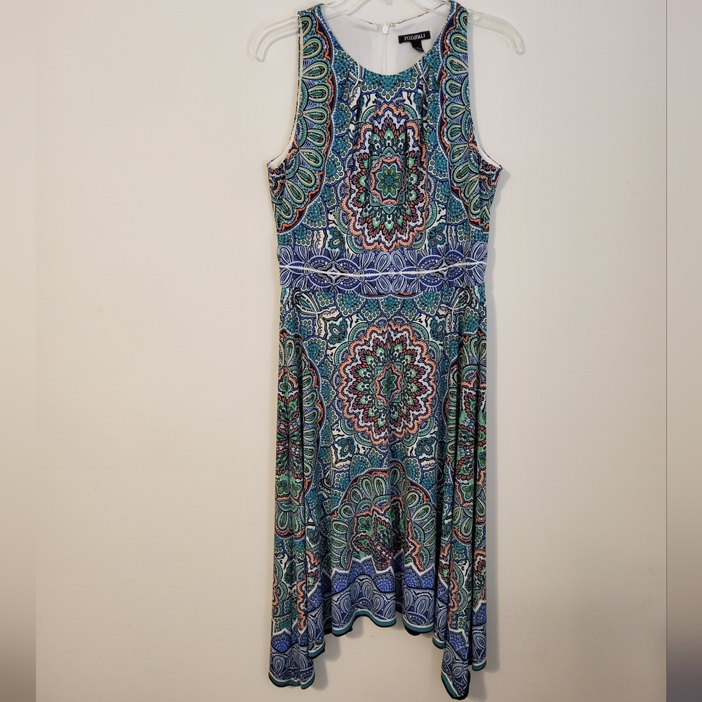 Roz & Ali Multi Colored Boho Print Sleeveless Asymmetrical Fit & Flare Sz 12 - Picture 1 of 7
